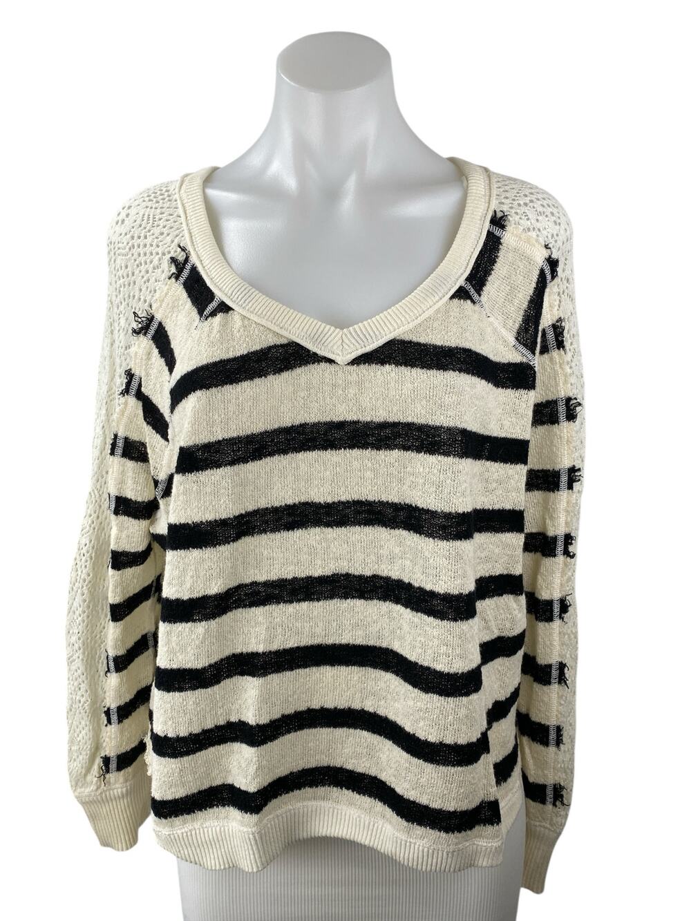 Free People Women's White Black Striped Crochet Long Sleeve Knit Sweater Top S